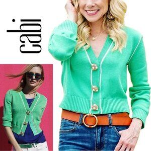 Cabi, Wallis Cardigan Cropped Rhinestone Pearl Button Sweater Julep Green Medium